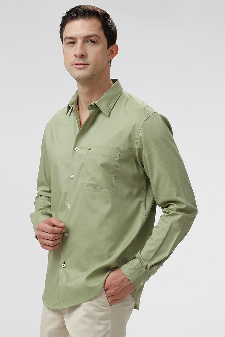 BASICS SLIM FIT SAGE GREEN COTTON OXFORD SHIRT