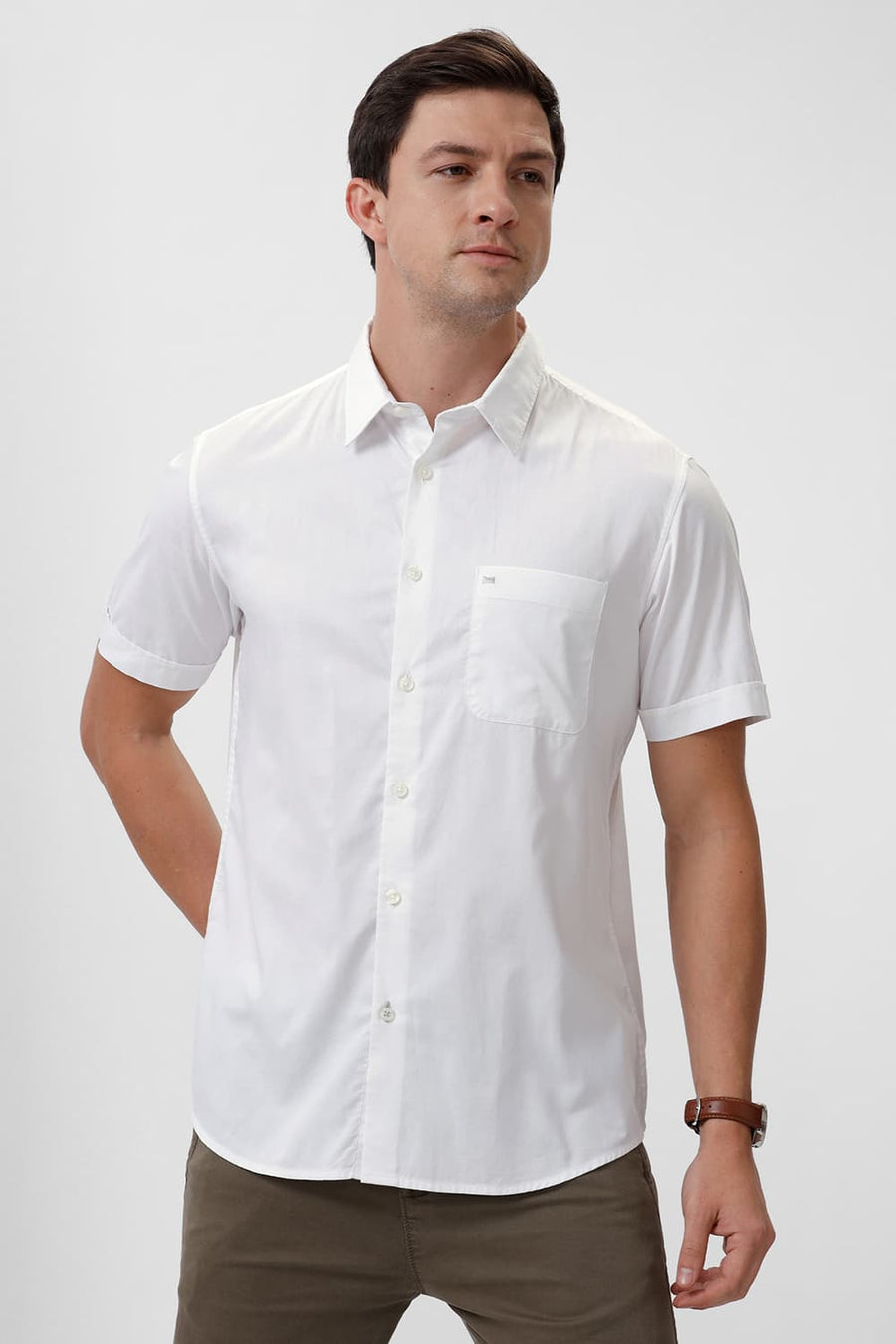 BASICS SLIM FIT BRILLIANT WHITE COTTON OXFORD HALFSLEEVES SHIRT