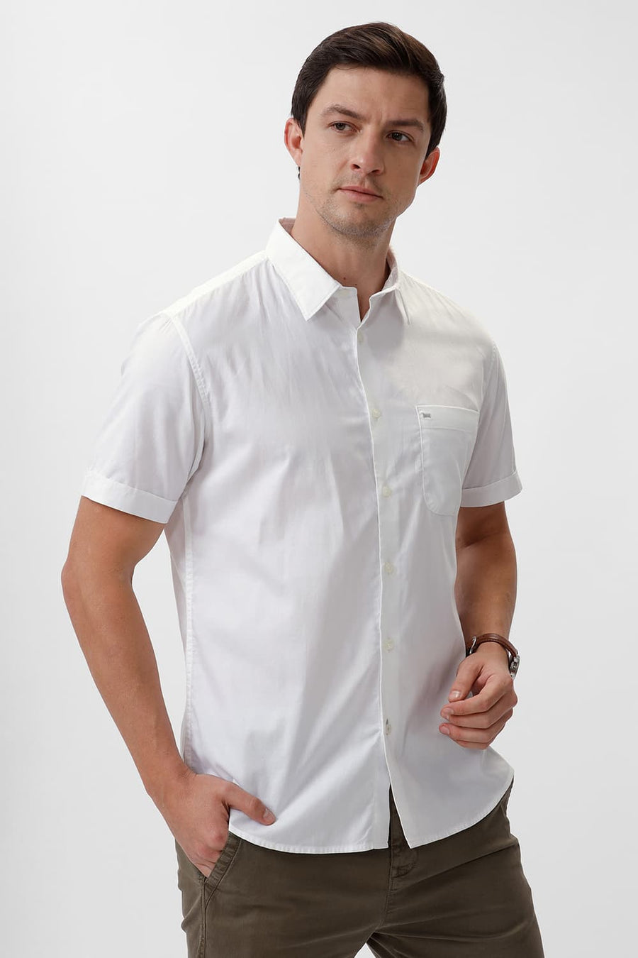BASICS SLIM FIT BRILLIANT WHITE COTTON OXFORD HALFSLEEVES SHIRT