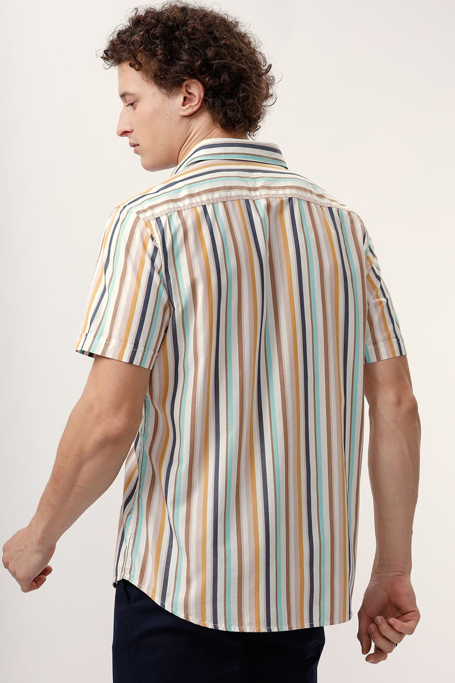 BASICS SLIM FIT AMPHORA BROWN COTTON STRIPE HALFSLEEVES SHIRT