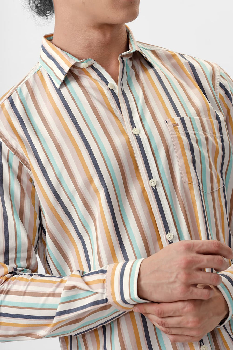BASICS SLIM FIT AMPHORA BROWN COTTON STRIPE SHIRT