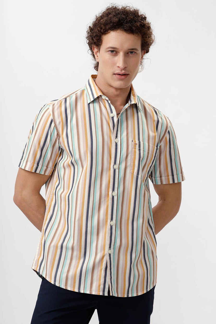 BASICS SLIM FIT AMPHORA BROWN COTTON STRIPE HALFSLEEVES SHIRT