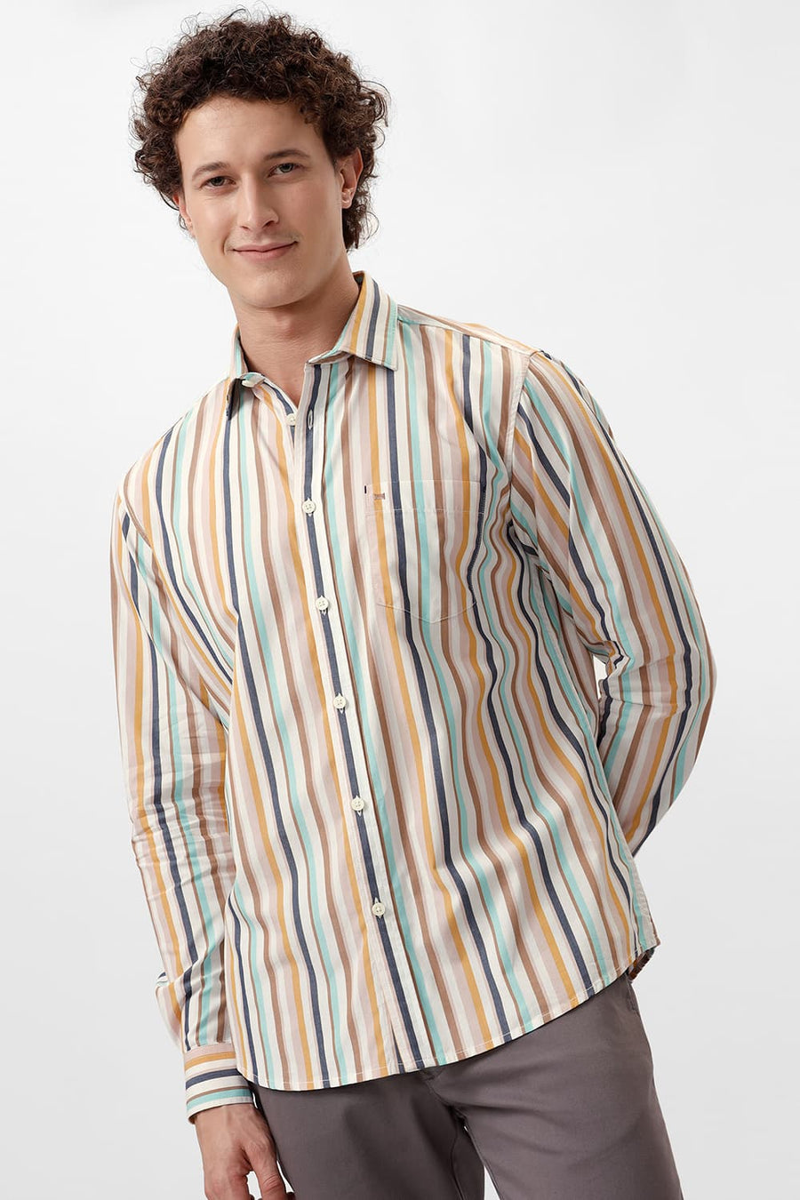 BASICS SLIM FIT AMPHORA BROWN COTTON STRIPE SHIRT