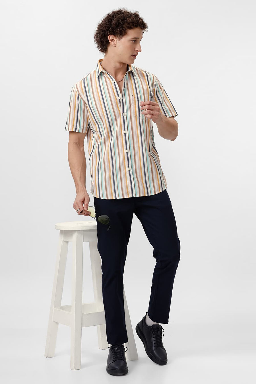 BASICS SLIM FIT AMPHORA BROWN COTTON STRIPE HALFSLEEVES SHIRT
