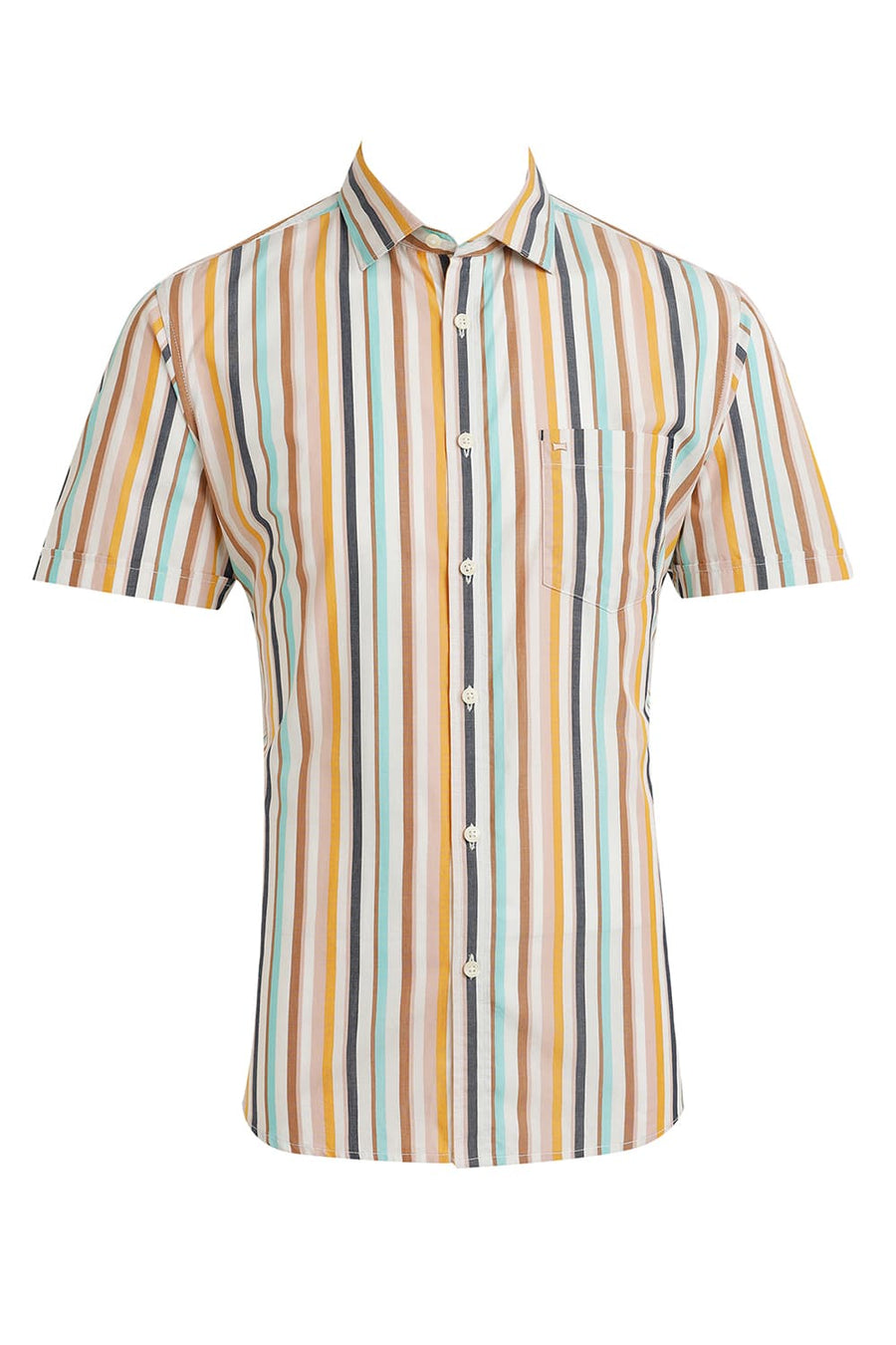 BASICS SLIM FIT AMPHORA BROWN COTTON STRIPE HALFSLEEVES SHIRT
