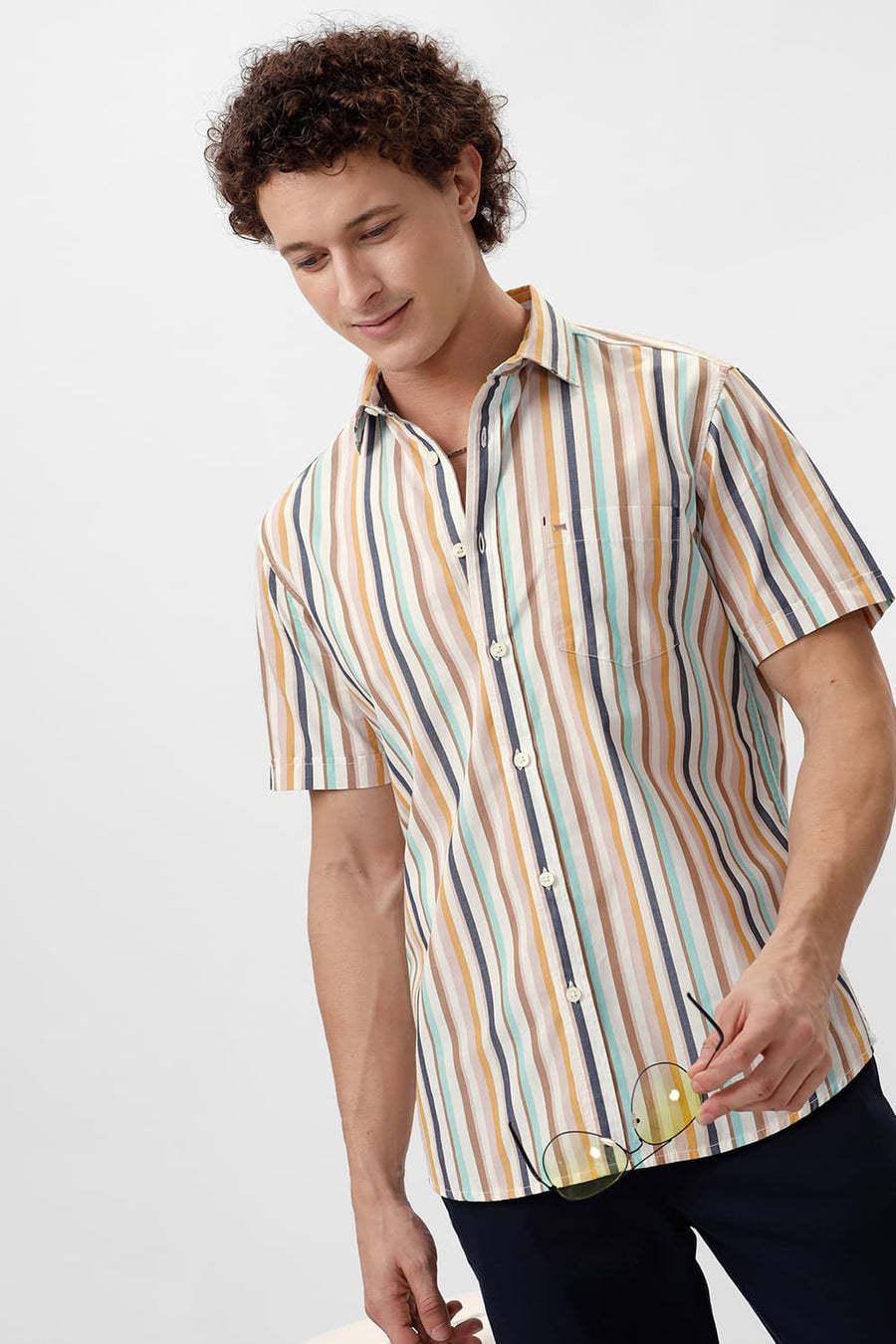 BASICS SLIM FIT AMPHORA BROWN COTTON STRIPE HALFSLEEVES SHIRT