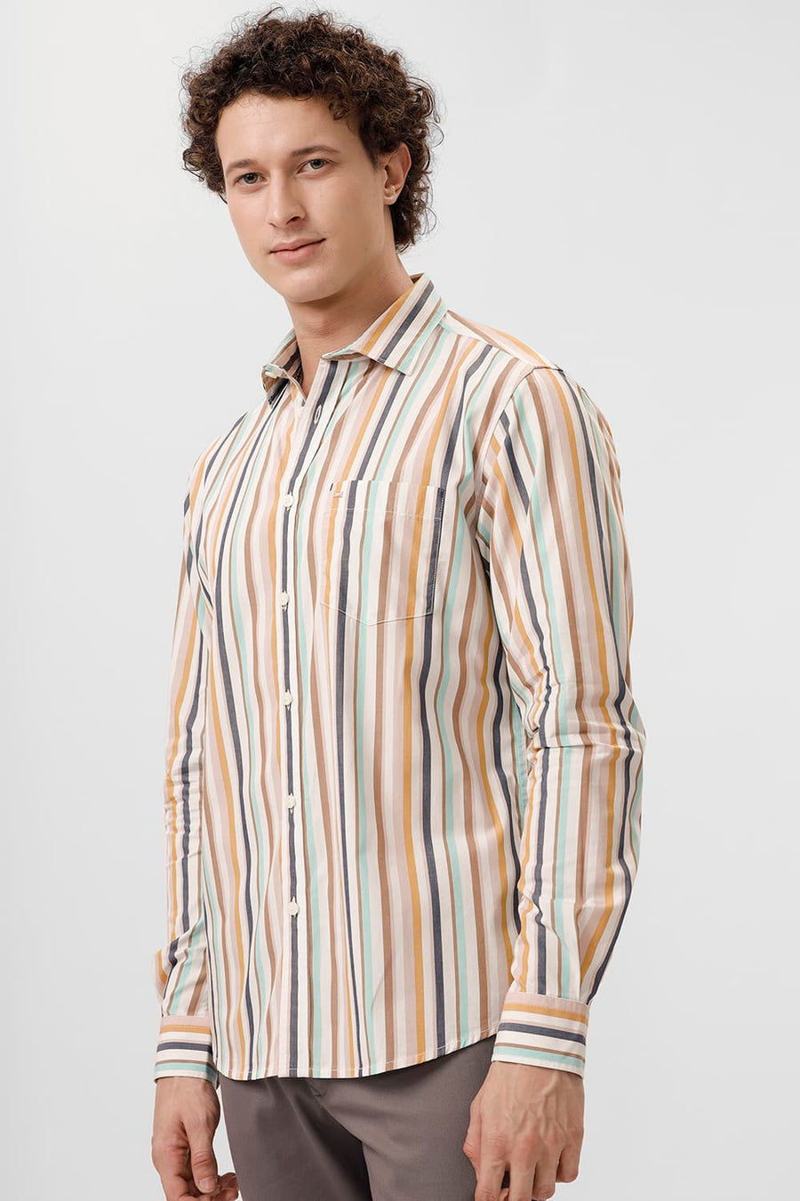 BASICS SLIM FIT AMPHORA BROWN COTTON STRIPE SHIRT