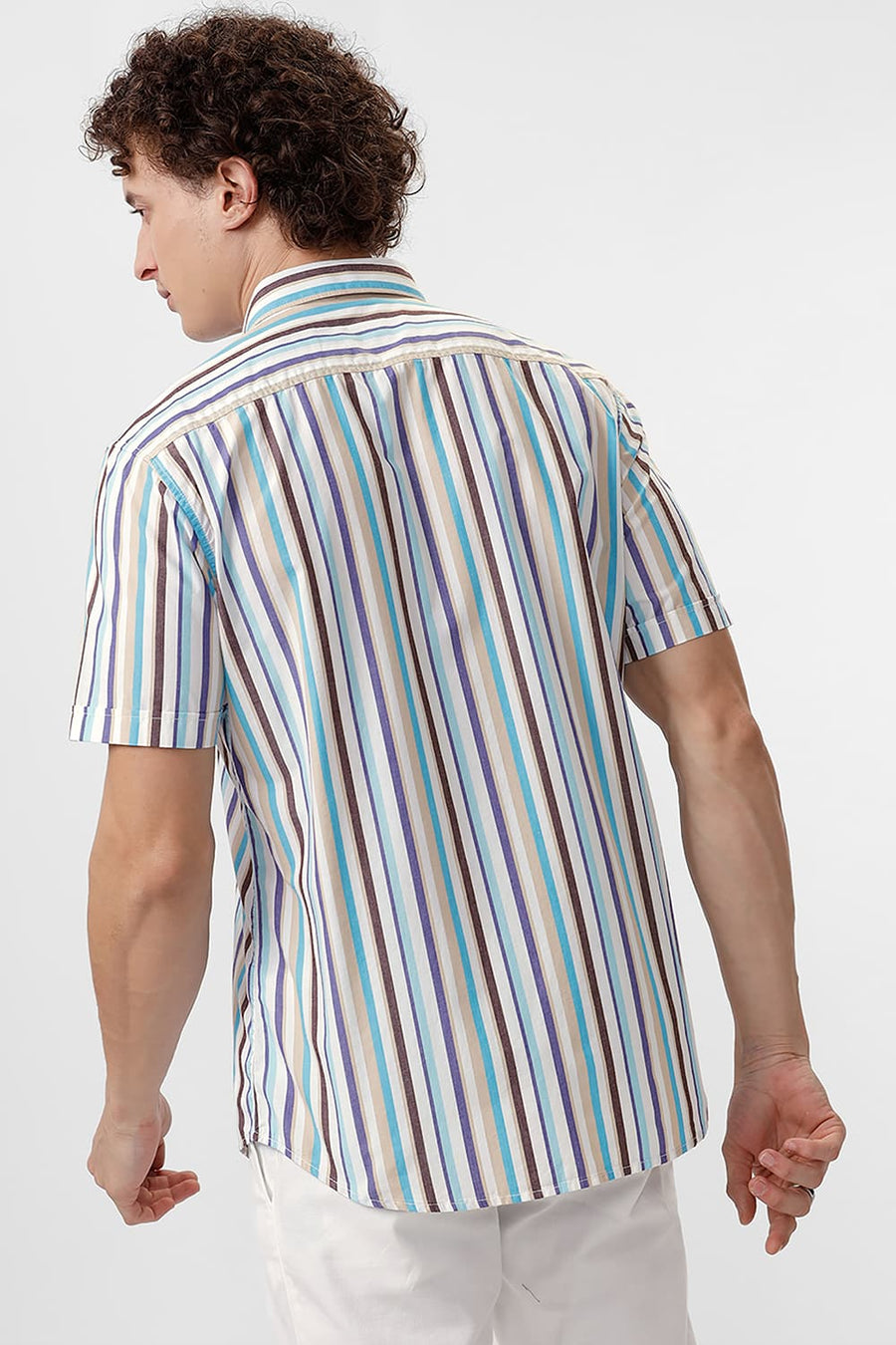 BASICS SLIM FIT SEMOLINA CREAM COTTON STRIPE HALFSLEEVES SHIRT