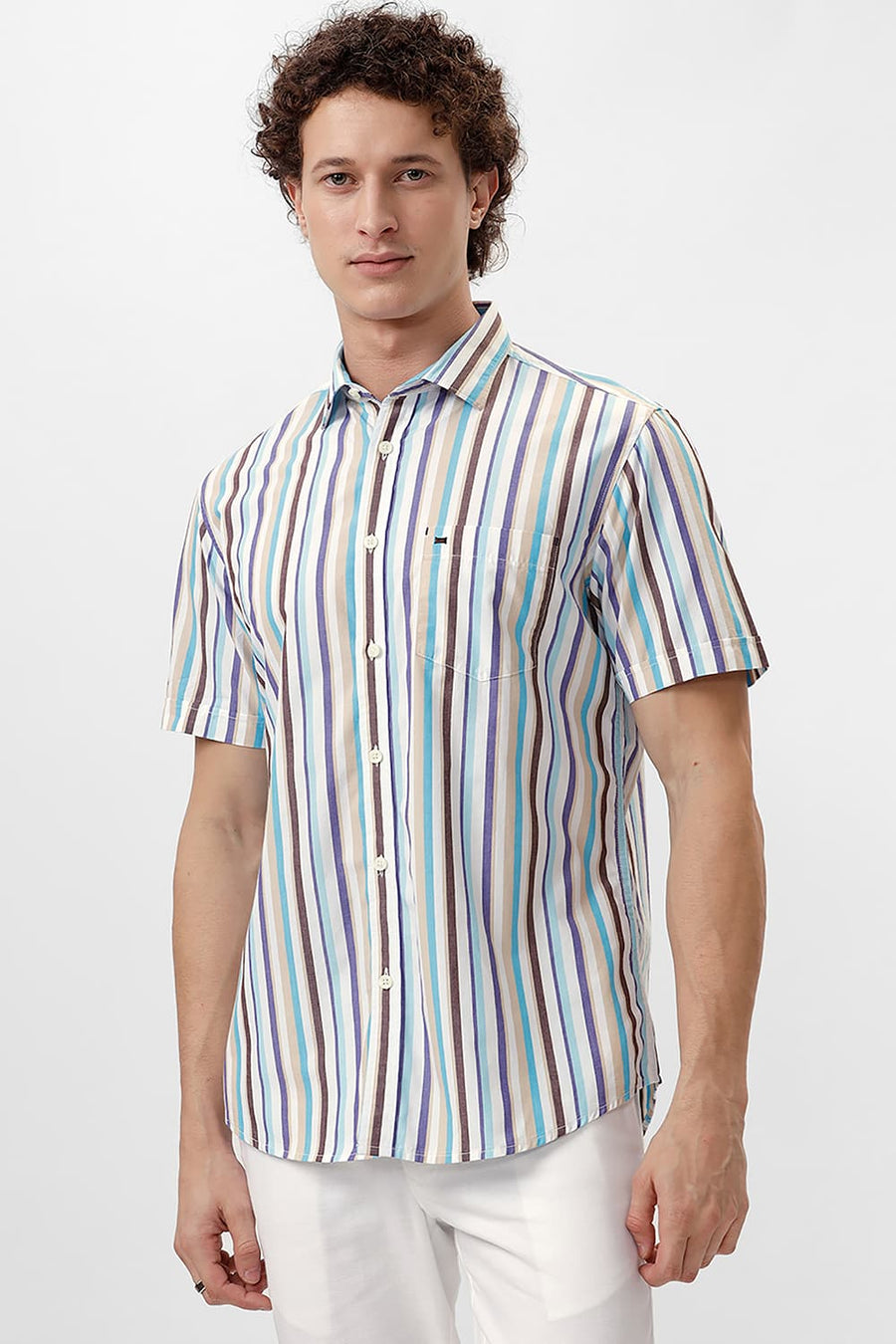 BASICS SLIM FIT SEMOLINA CREAM COTTON STRIPE HALFSLEEVES SHIRT
