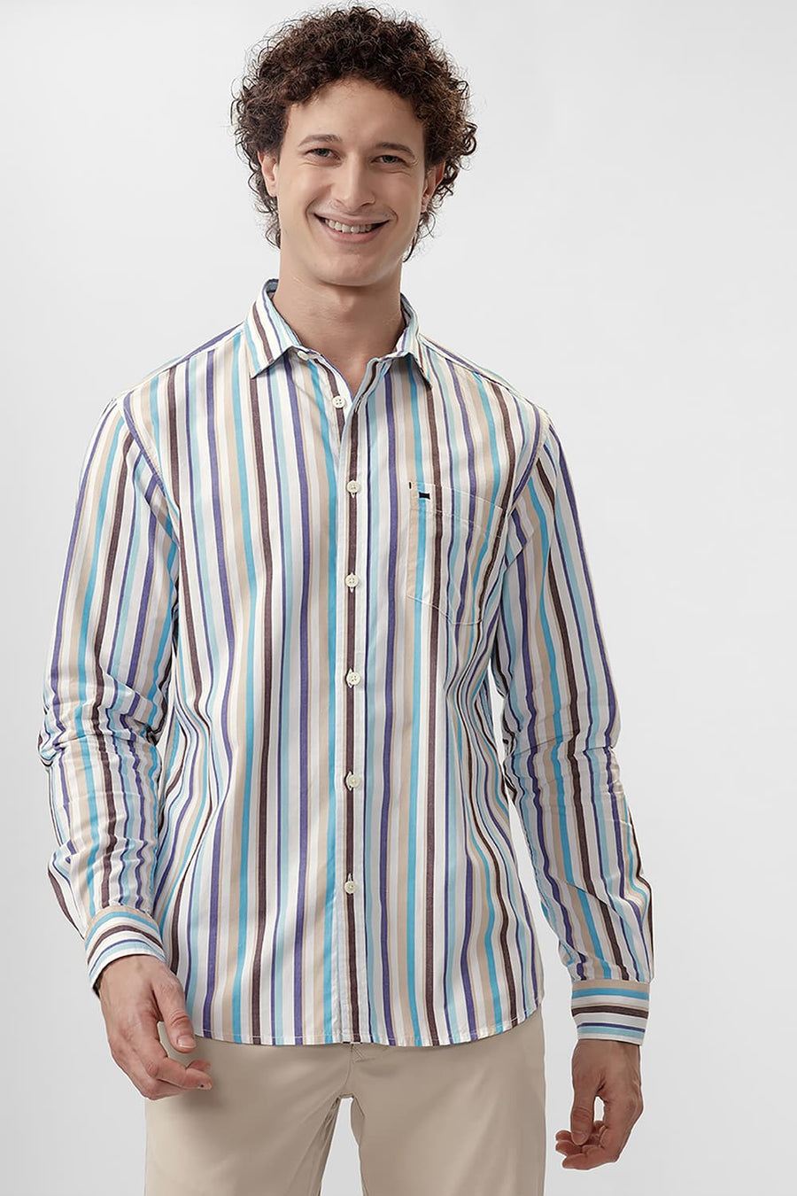 BASICS SLIM FIT SEMOLINA CREAM COTTON STRIPE SHIRT