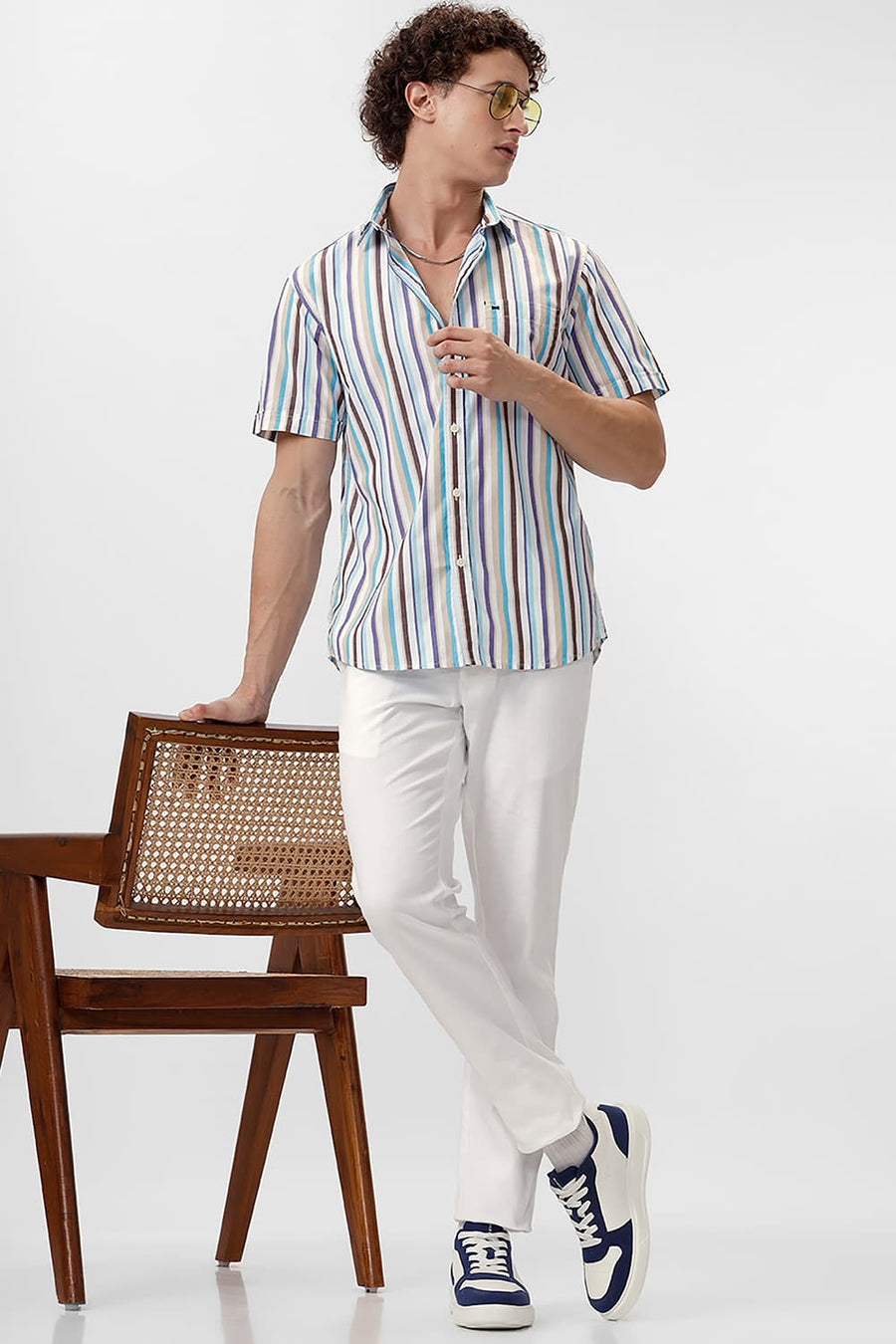 BASICS SLIM FIT SEMOLINA CREAM COTTON STRIPE HALFSLEEVES SHIRT