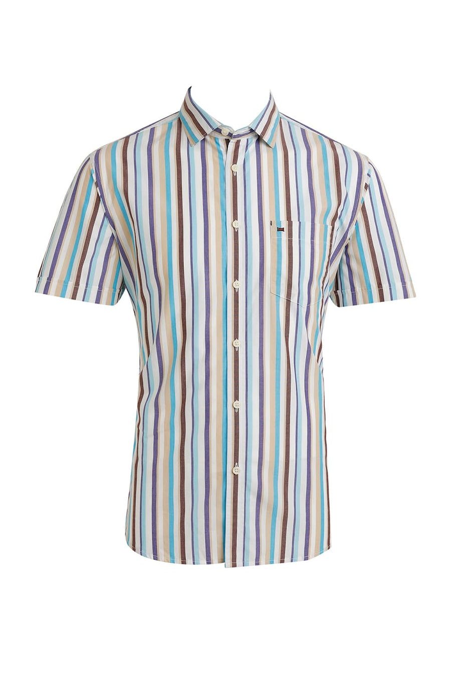 BASICS SLIM FIT SEMOLINA CREAM COTTON STRIPE HALFSLEEVES SHIRT