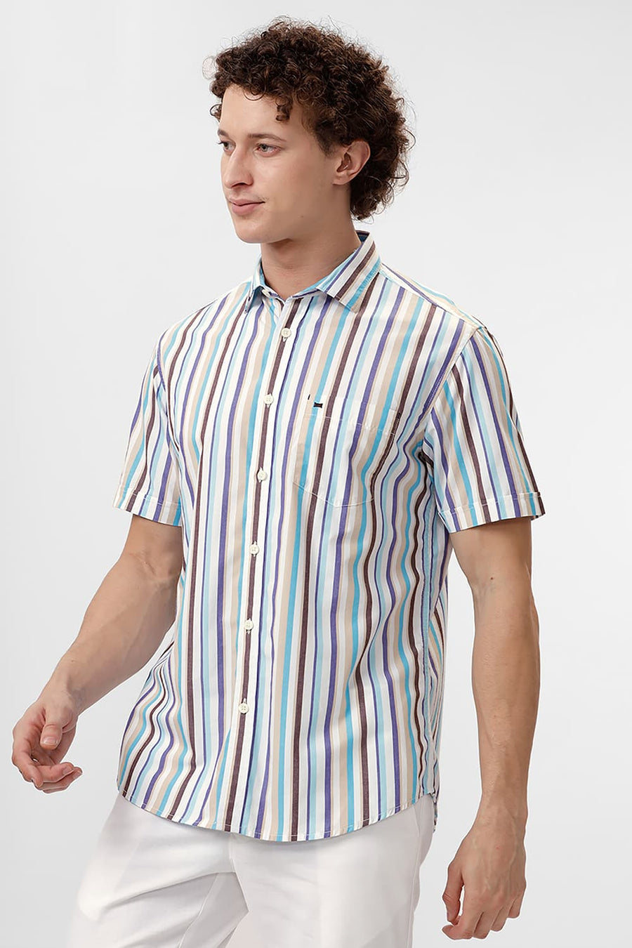 BASICS SLIM FIT SEMOLINA CREAM COTTON STRIPE HALFSLEEVES SHIRT