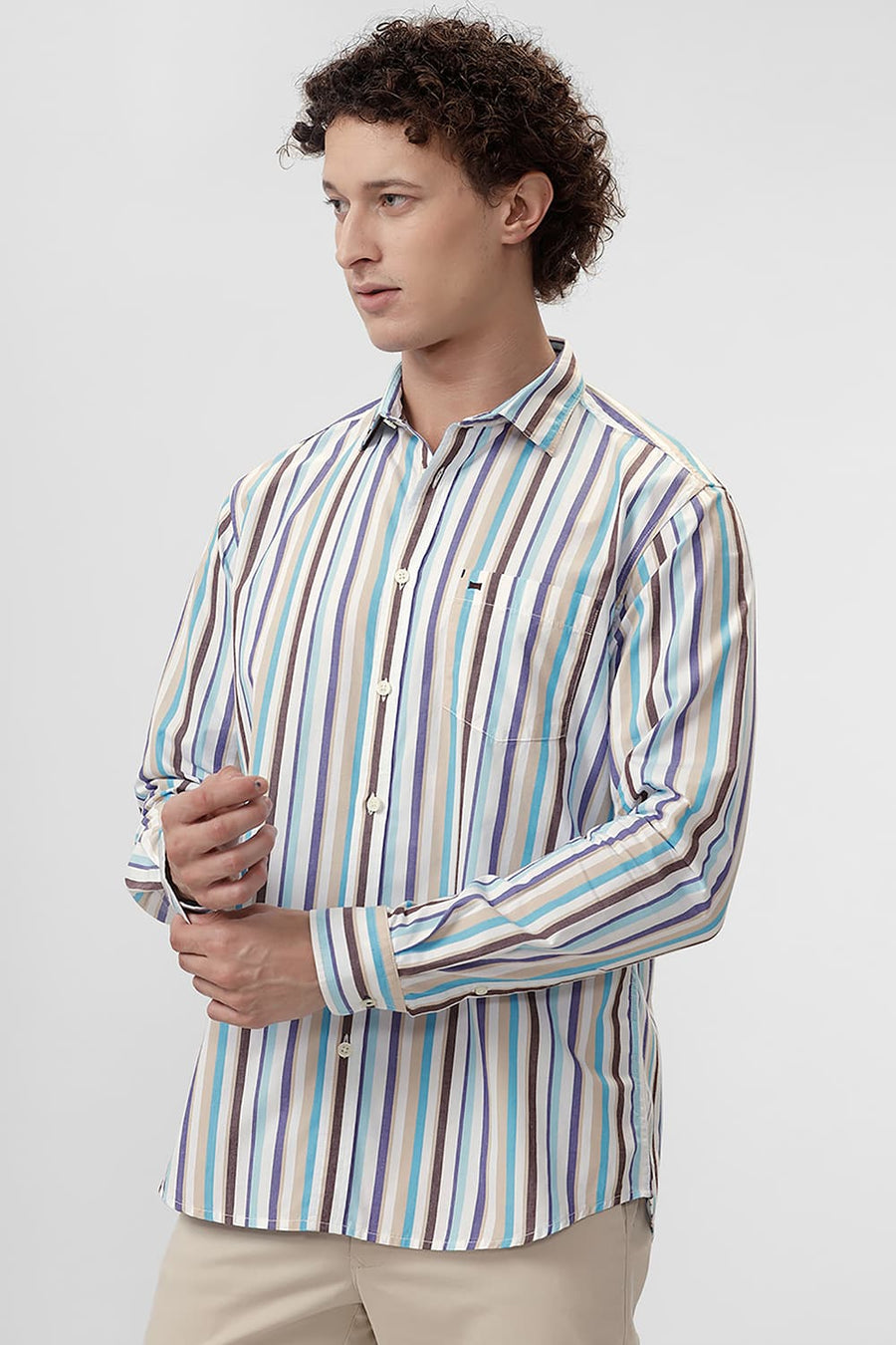 BASICS SLIM FIT SEMOLINA CREAM COTTON STRIPE SHIRT