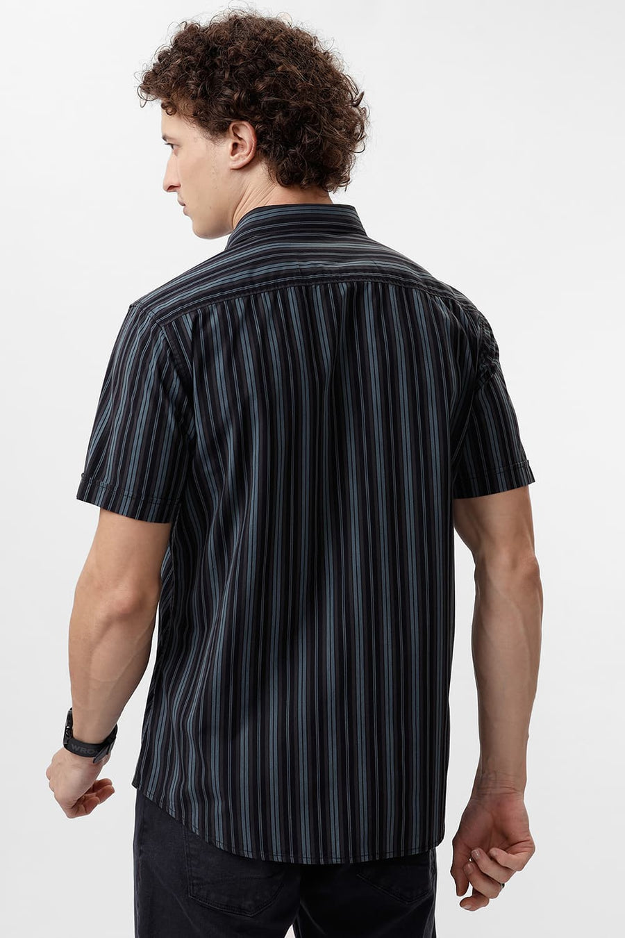 BASICS SLIM FIT GOBLIN GREEN COTTON STRIPE HALFSLEEVES SHIRT