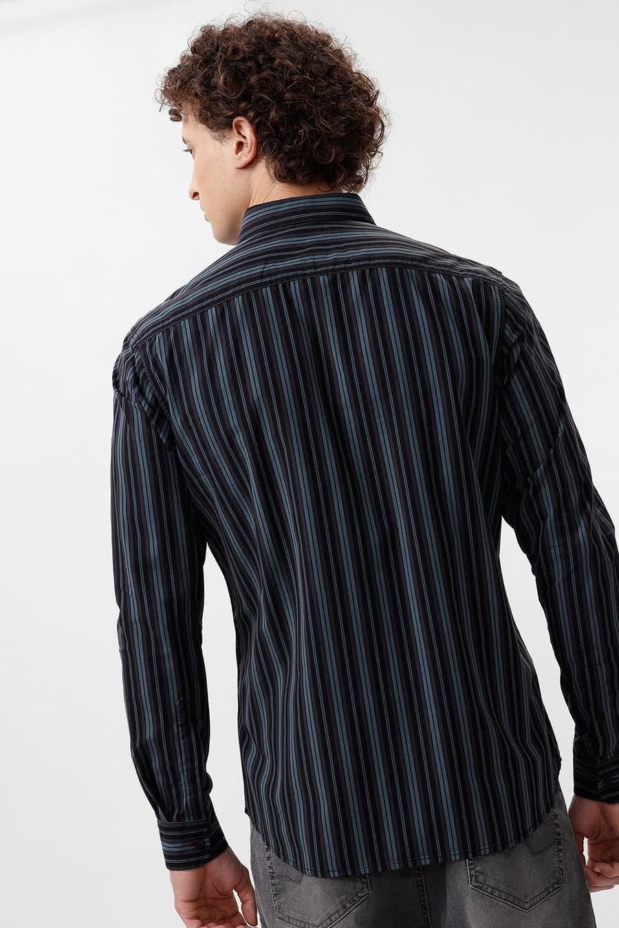 BASICS SLIM FIT GOBLIN GREEN COTTON STRIPE SHIRT