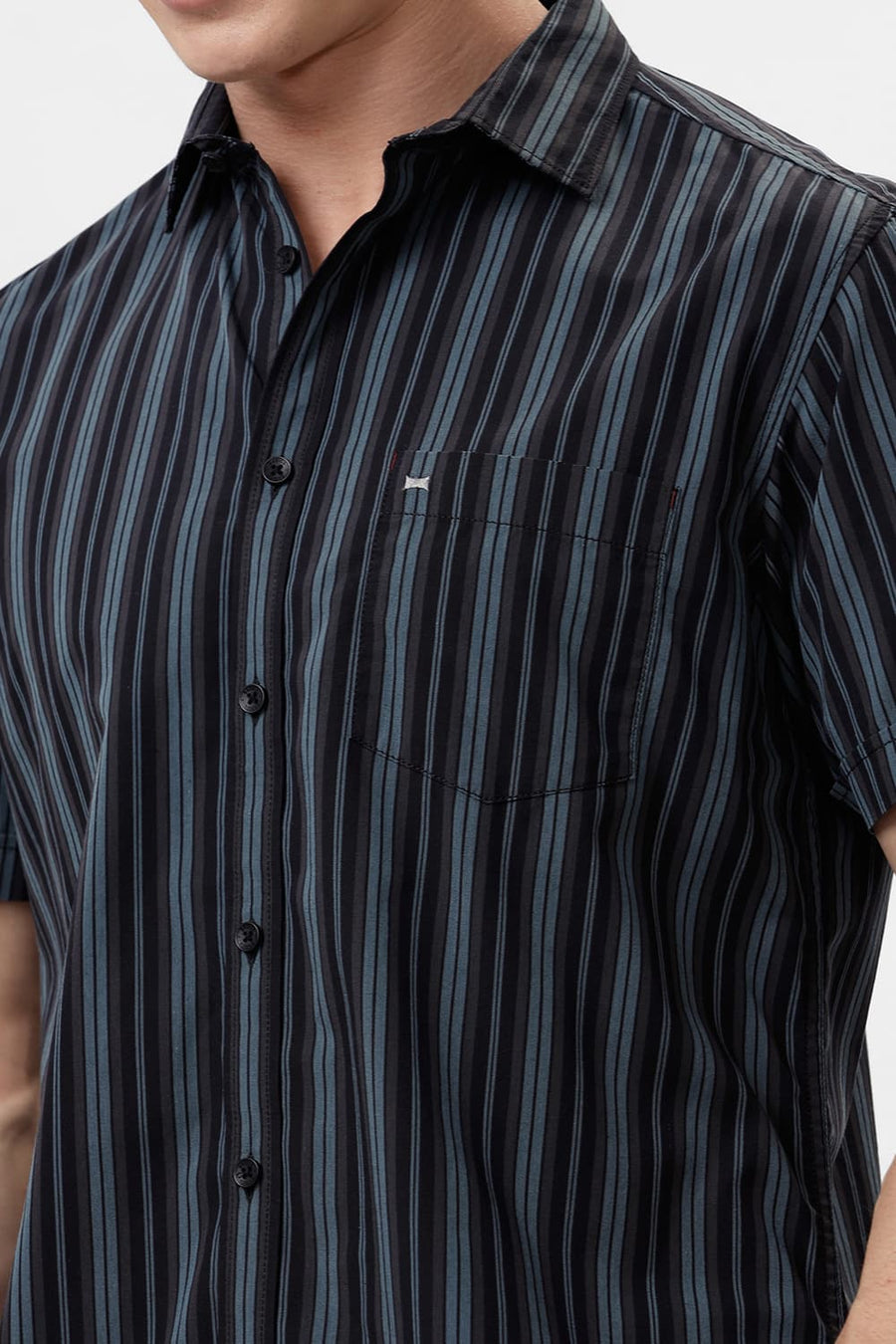 BASICS SLIM FIT GOBLIN GREEN COTTON STRIPE HALFSLEEVES SHIRT