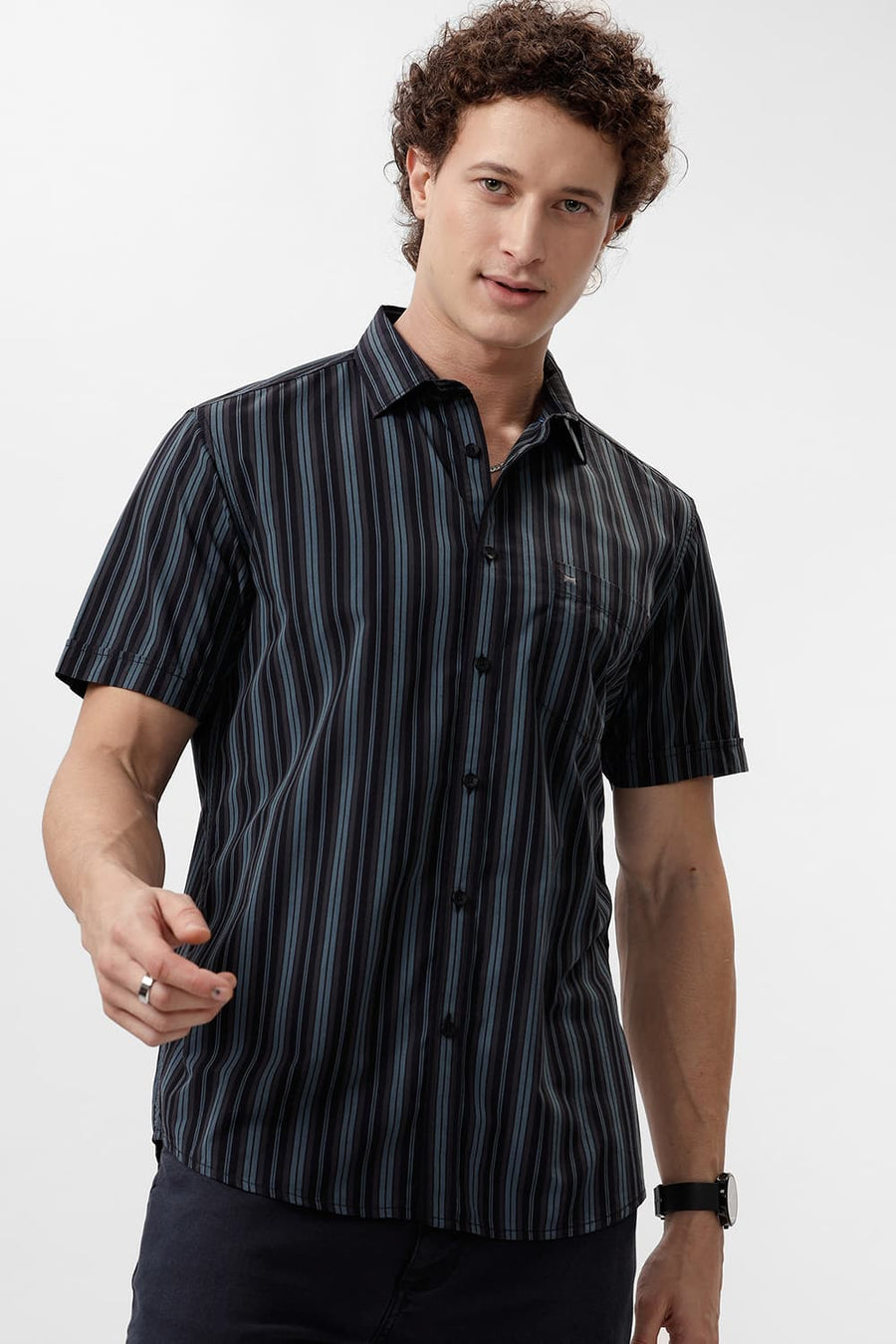BASICS SLIM FIT GOBLIN GREEN COTTON STRIPE HALFSLEEVES SHIRT