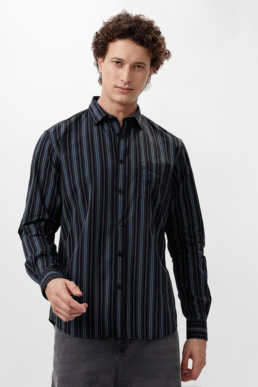 BASICS SLIM FIT GOBLIN GREEN COTTON STRIPE SHIRT
