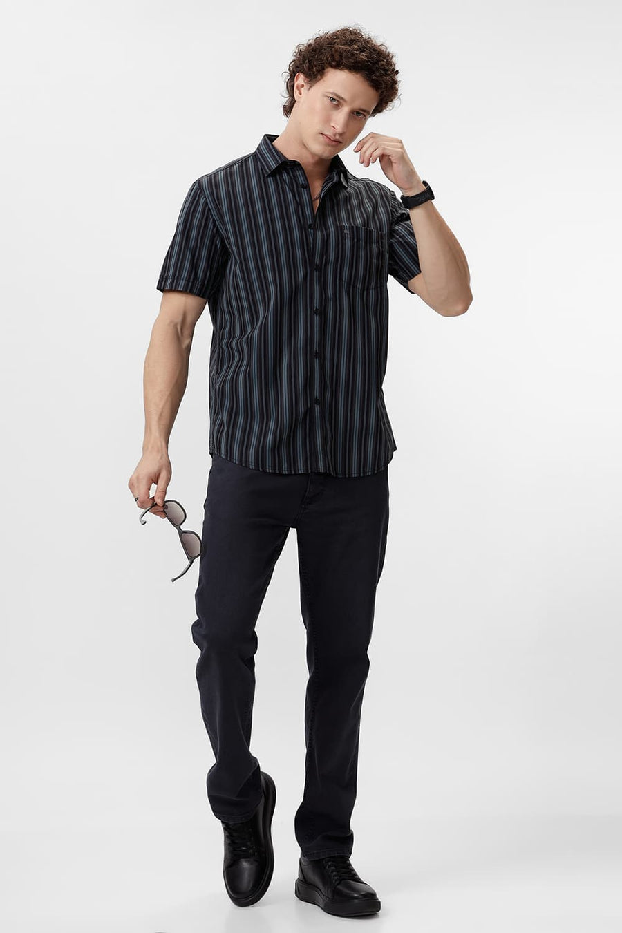 BASICS SLIM FIT GOBLIN GREEN COTTON STRIPE HALFSLEEVES SHIRT