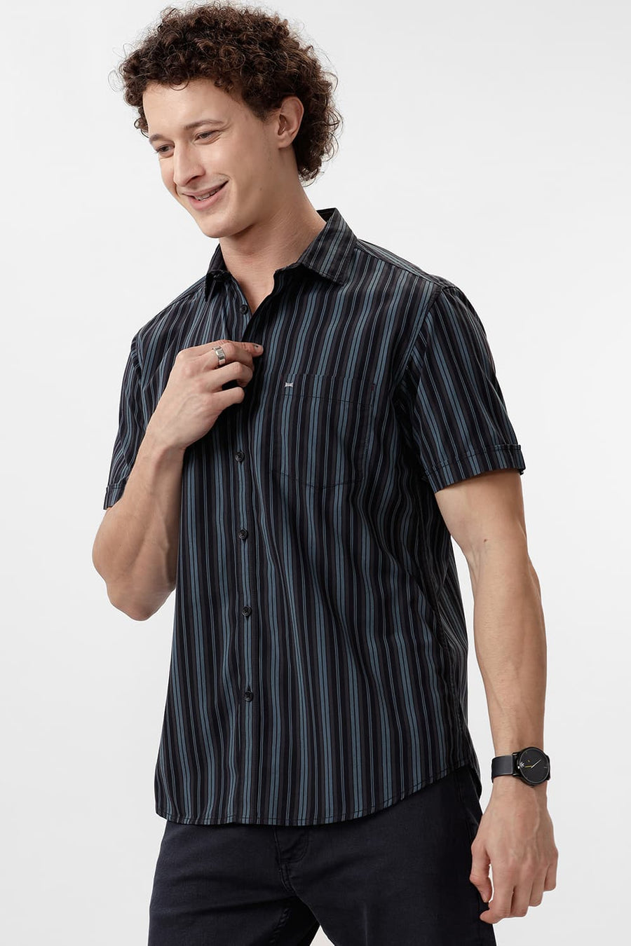 BASICS SLIM FIT GOBLIN GREEN COTTON STRIPE HALFSLEEVES SHIRT