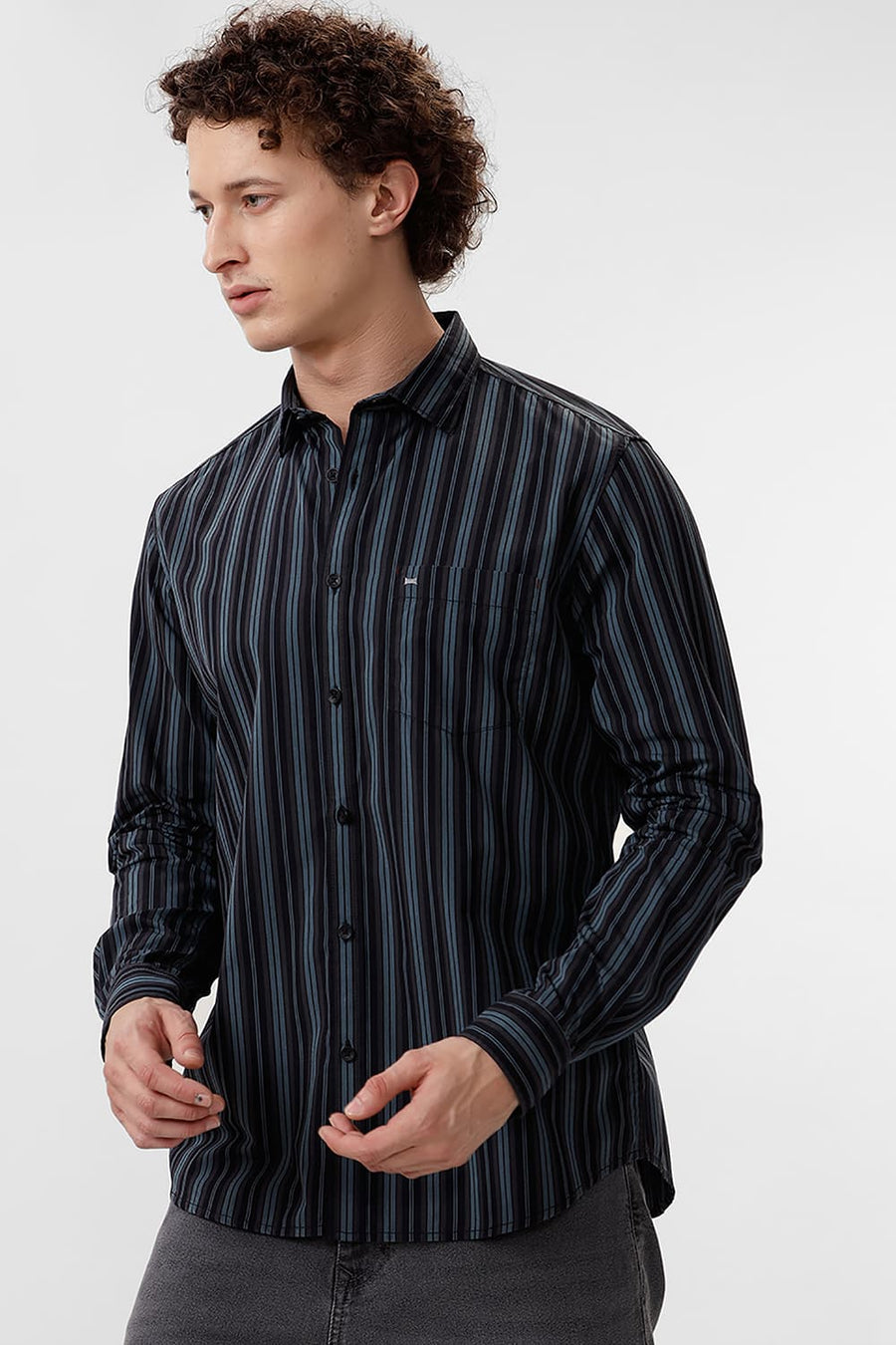 BASICS SLIM FIT GOBLIN GREEN COTTON STRIPE SHIRT