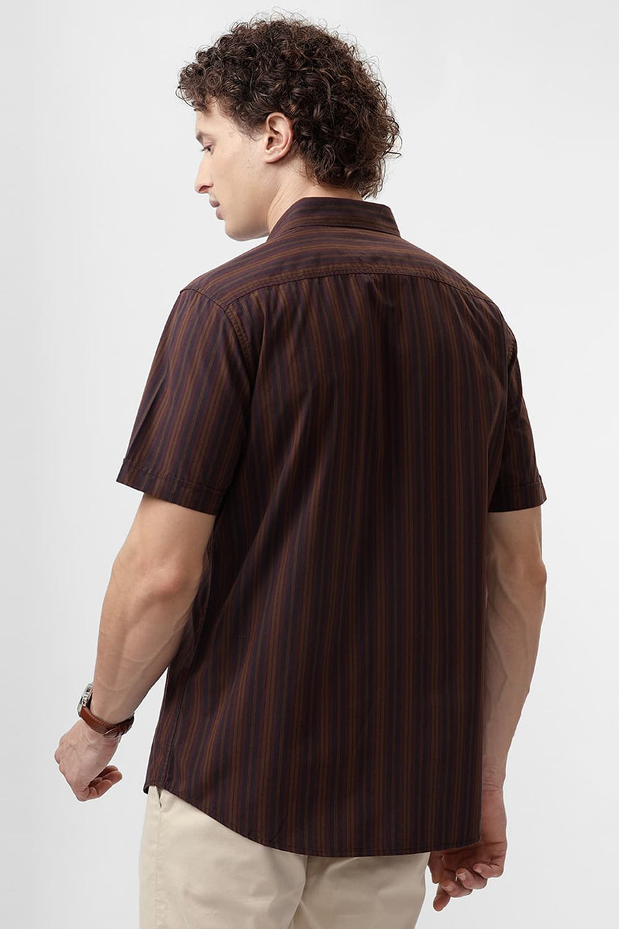 BASICS SLIM FIT OTTER BROWN COTTON STRIPE HALFSLEEVES SHIRT