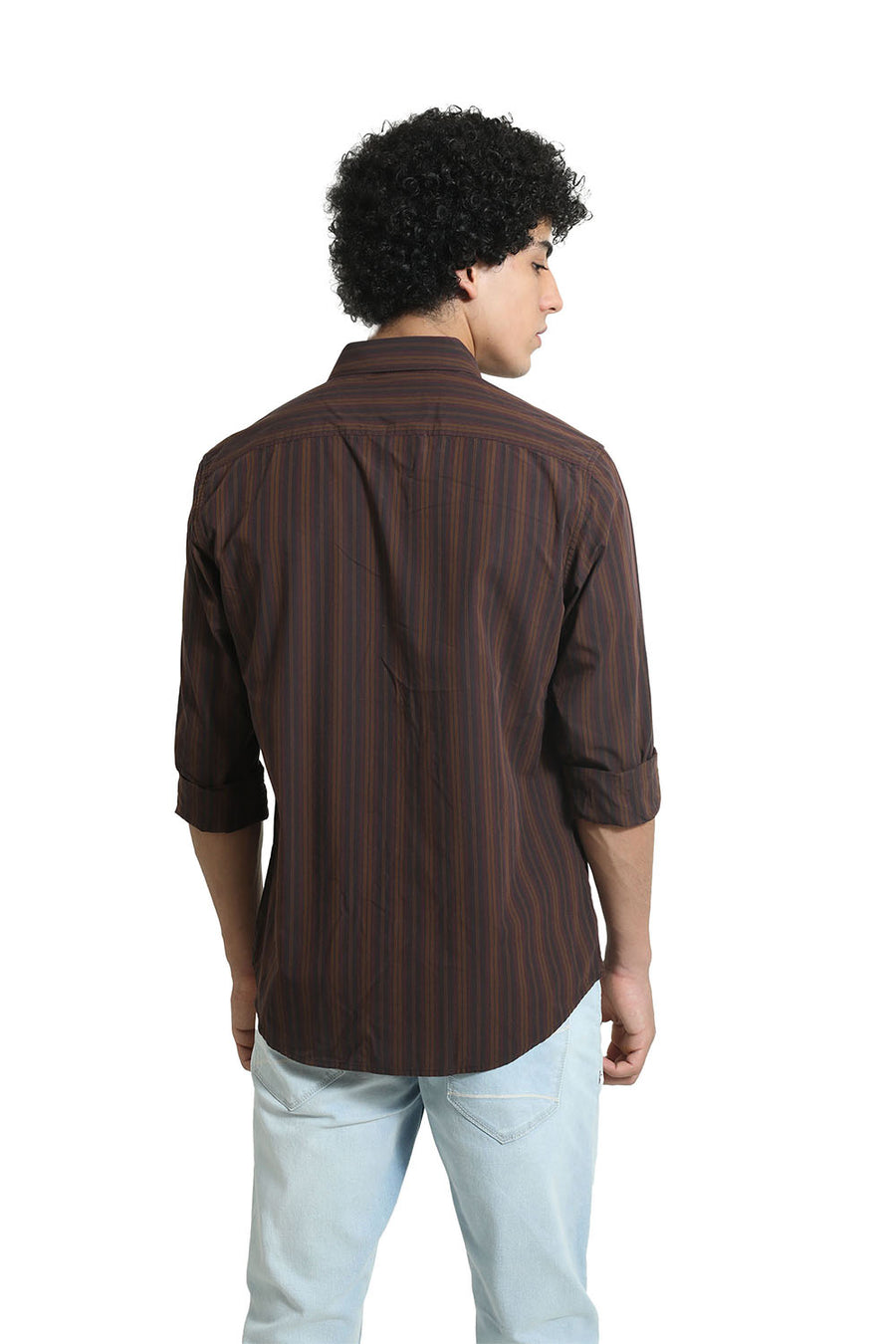BASICS SLIM FIT OTTER BROWN COTTON STRIPE SHIRT