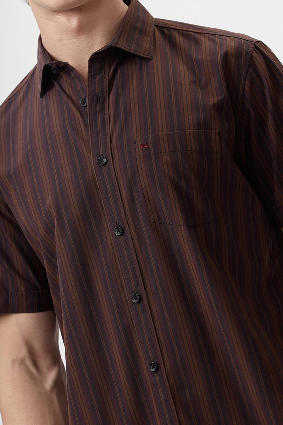 BASICS SLIM FIT OTTER BROWN COTTON STRIPE HALFSLEEVES SHIRT