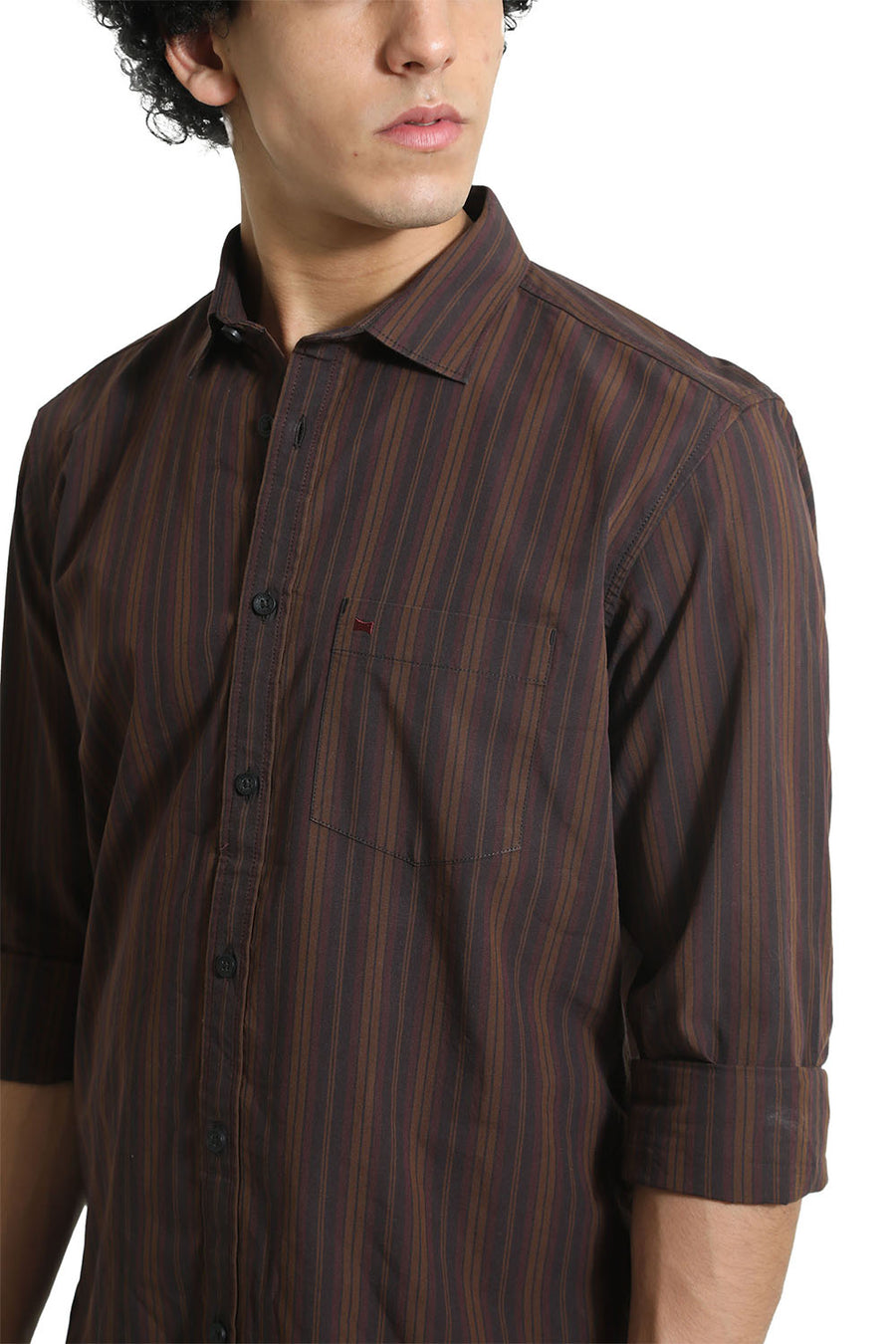 BASICS SLIM FIT OTTER BROWN COTTON STRIPE SHIRT