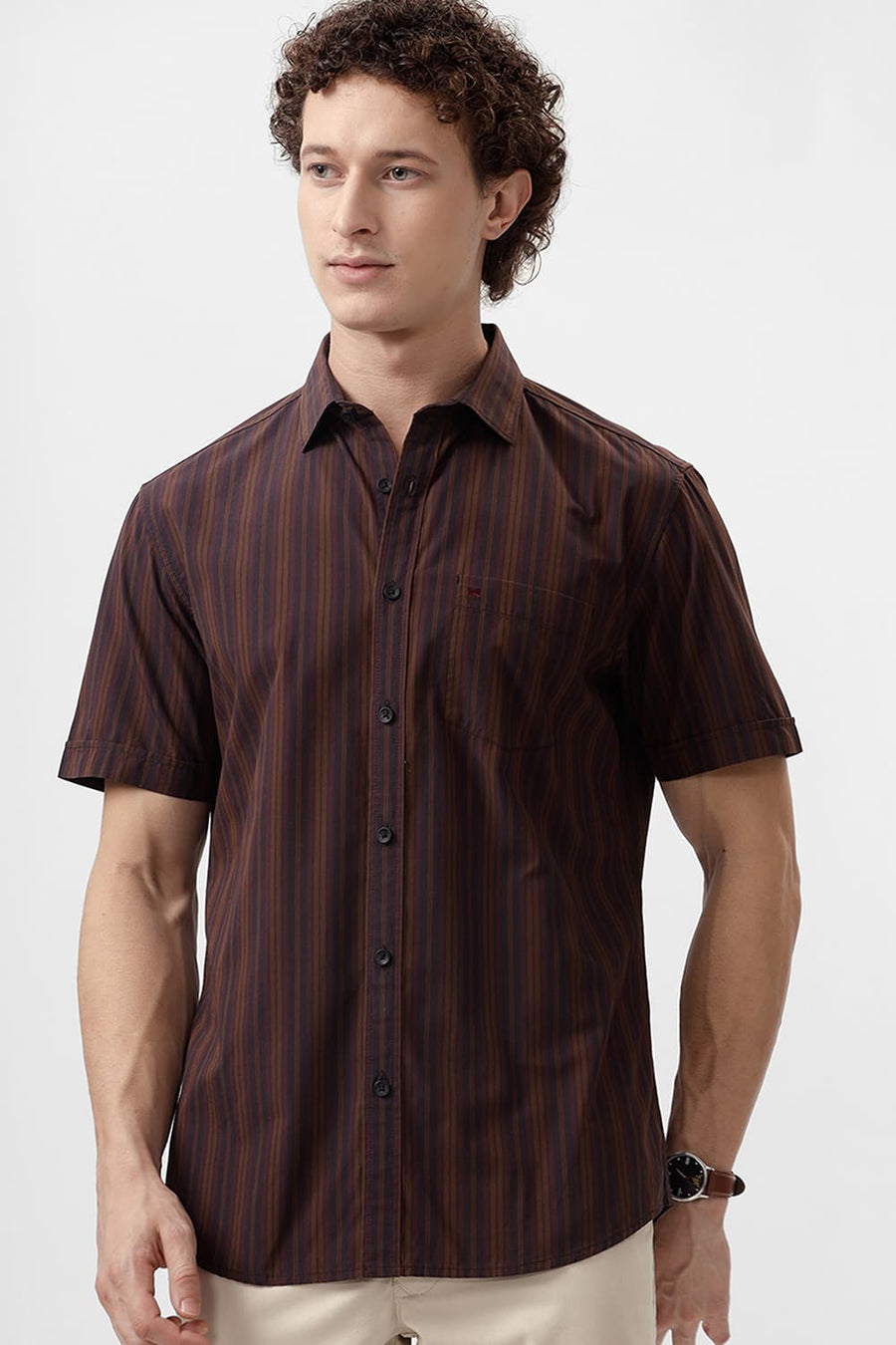 BASICS SLIM FIT OTTER BROWN COTTON STRIPE HALFSLEEVES SHIRT