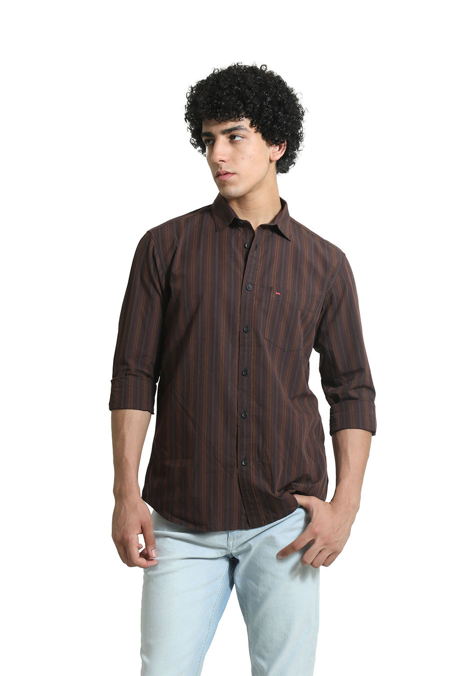 BASICS SLIM FIT OTTER BROWN COTTON STRIPE SHIRT
