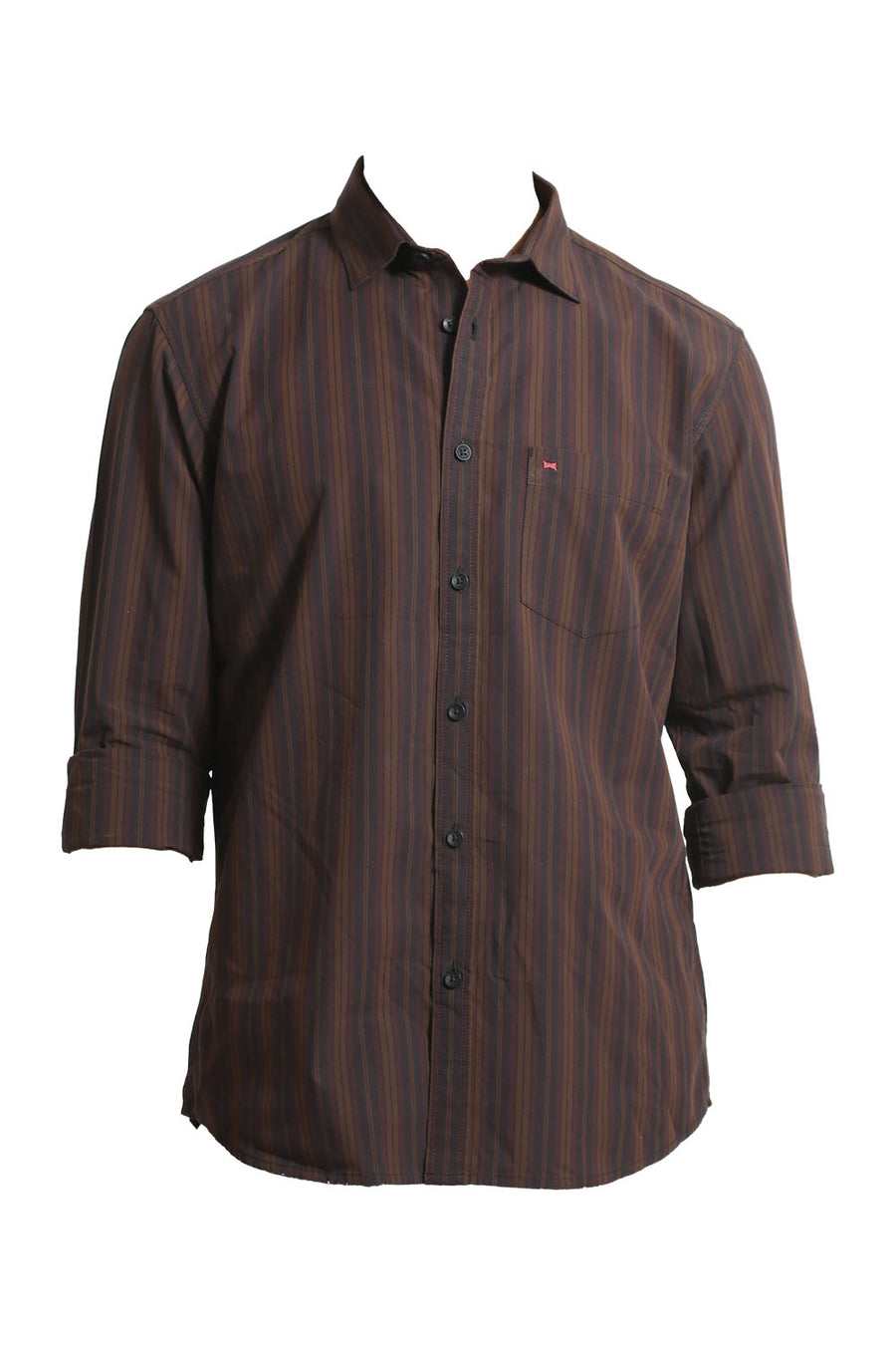 BASICS SLIM FIT OTTER BROWN COTTON STRIPE SHIRT