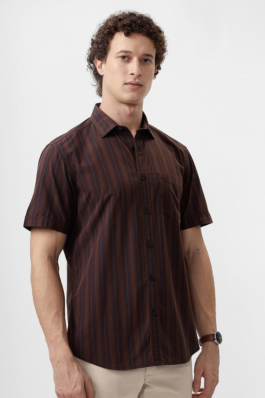 BASICS SLIM FIT OTTER BROWN COTTON STRIPE HALFSLEEVES SHIRT