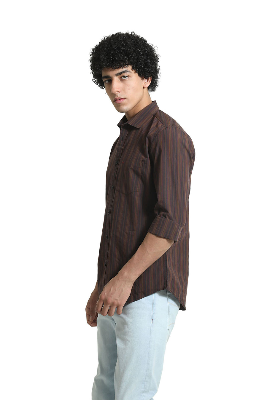 BASICS SLIM FIT OTTER BROWN COTTON STRIPE SHIRT
