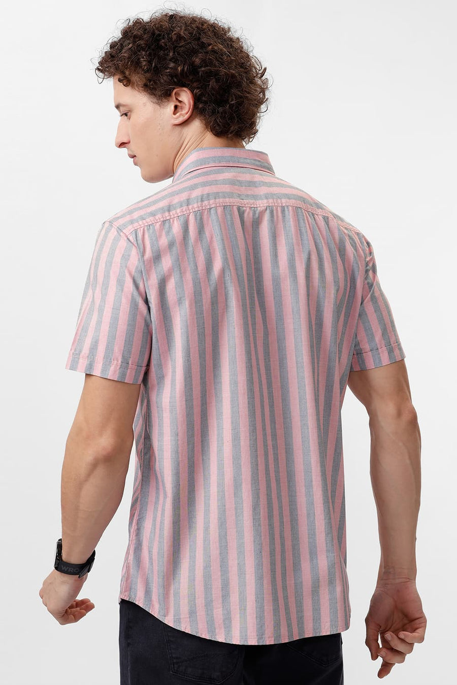 BASICS SLIM FIT PEACHSKIN PINK COTTON STRIPE HALFSLEEVES SHIRT