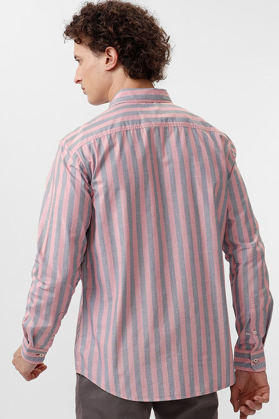BASICS SLIM FIT PEACHSKIN PINK COTTON STRIPE SHIRT