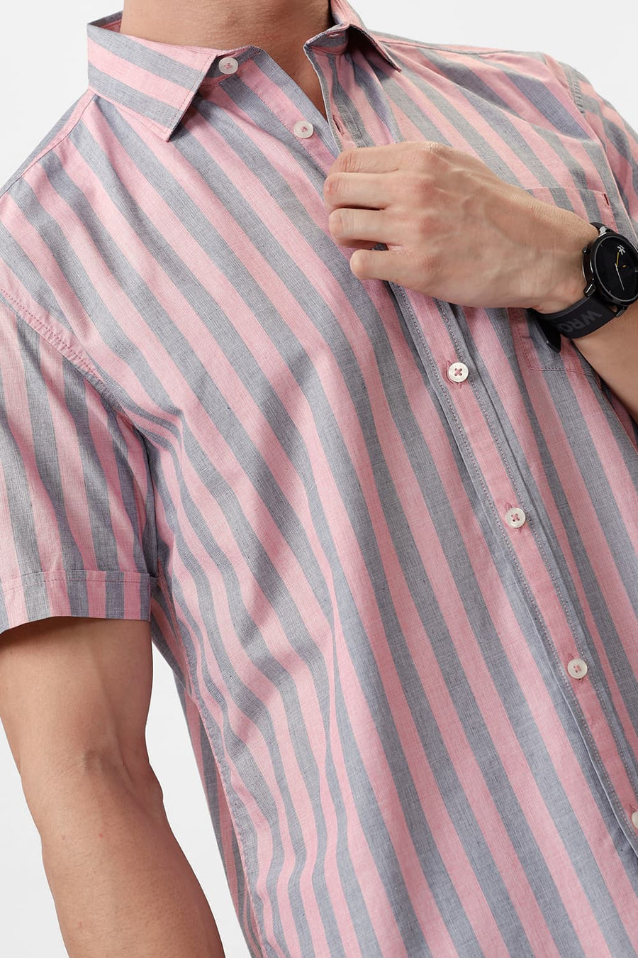 BASICS SLIM FIT PEACHSKIN PINK COTTON STRIPE HALFSLEEVES SHIRT