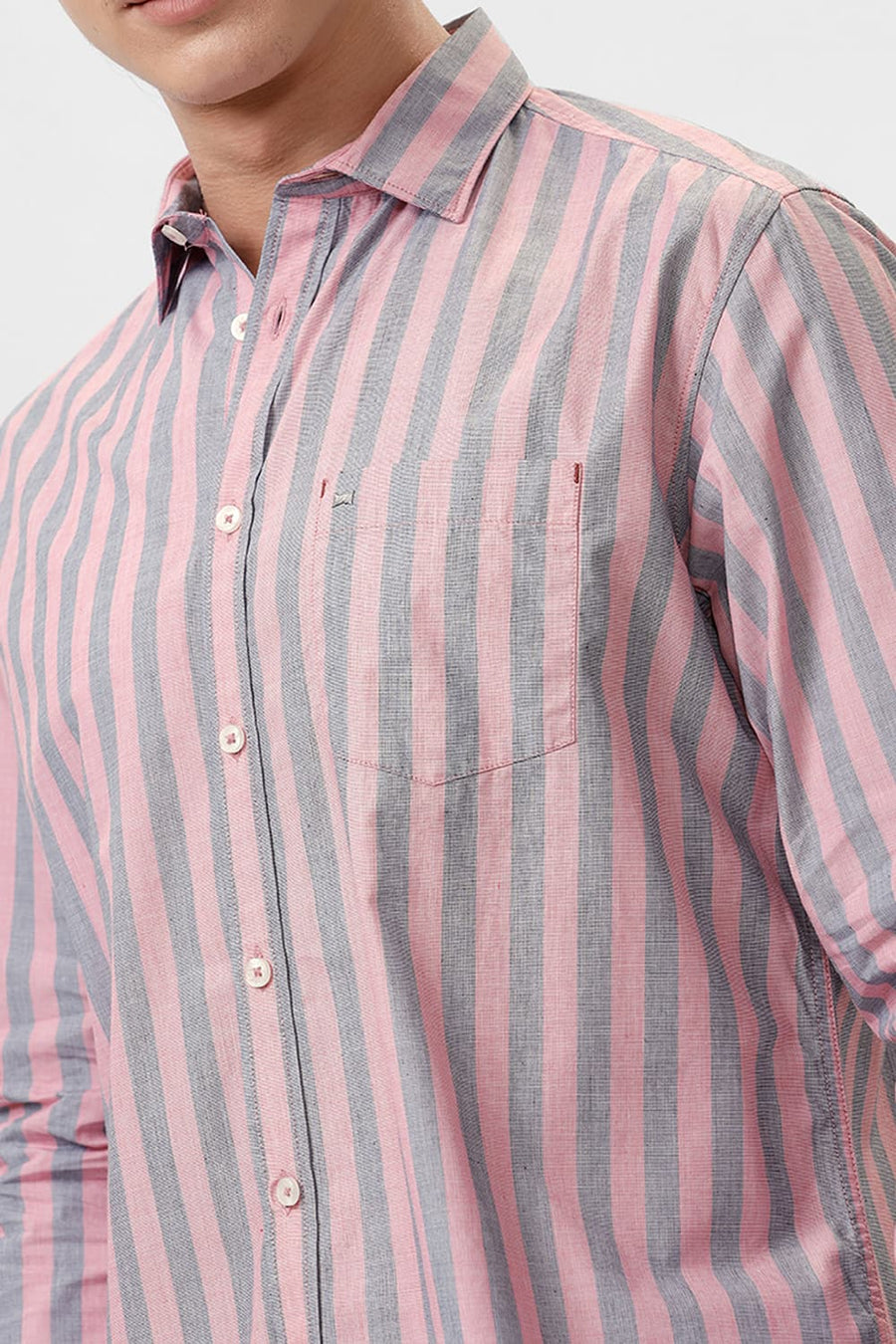 BASICS SLIM FIT PEACHSKIN PINK COTTON STRIPE SHIRT
