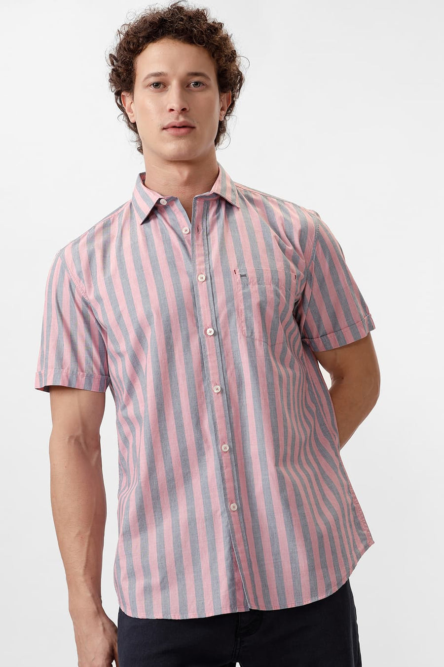 BASICS SLIM FIT PEACHSKIN PINK COTTON STRIPE HALFSLEEVES SHIRT