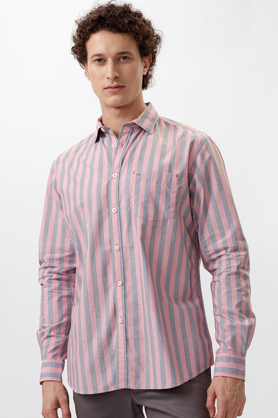 BASICS SLIM FIT PEACHSKIN PINK COTTON STRIPE SHIRT