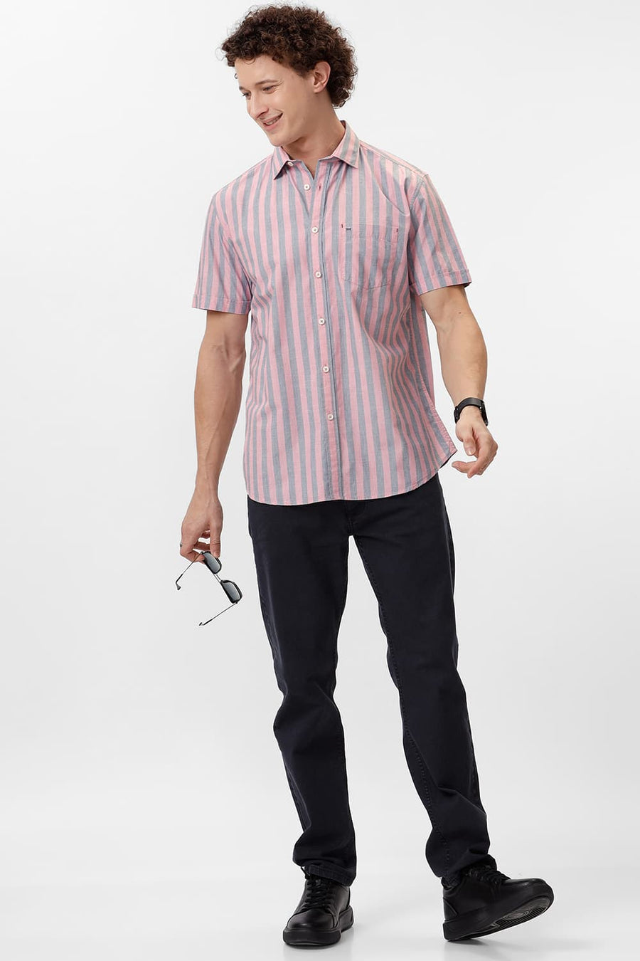 BASICS SLIM FIT PEACHSKIN PINK COTTON STRIPE HALFSLEEVES SHIRT