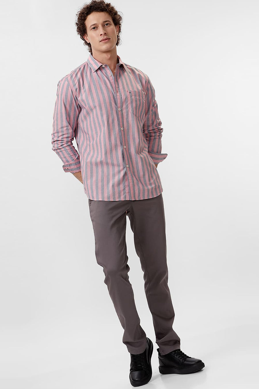 BASICS SLIM FIT PEACHSKIN PINK COTTON STRIPE SHIRT
