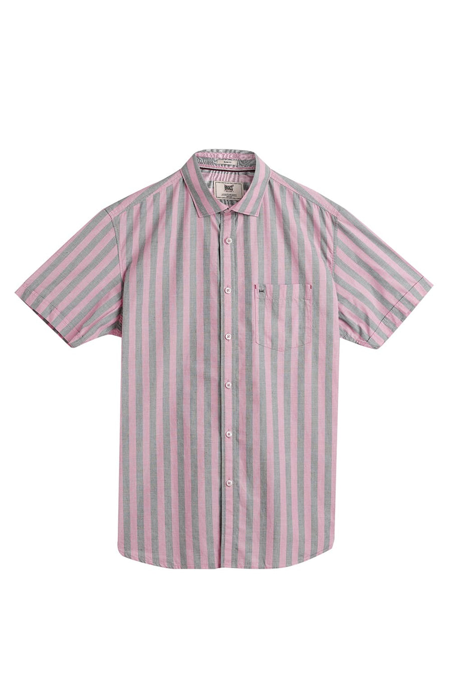 BASICS SLIM FIT PEACHSKIN PINK COTTON STRIPE HALFSLEEVES SHIRT