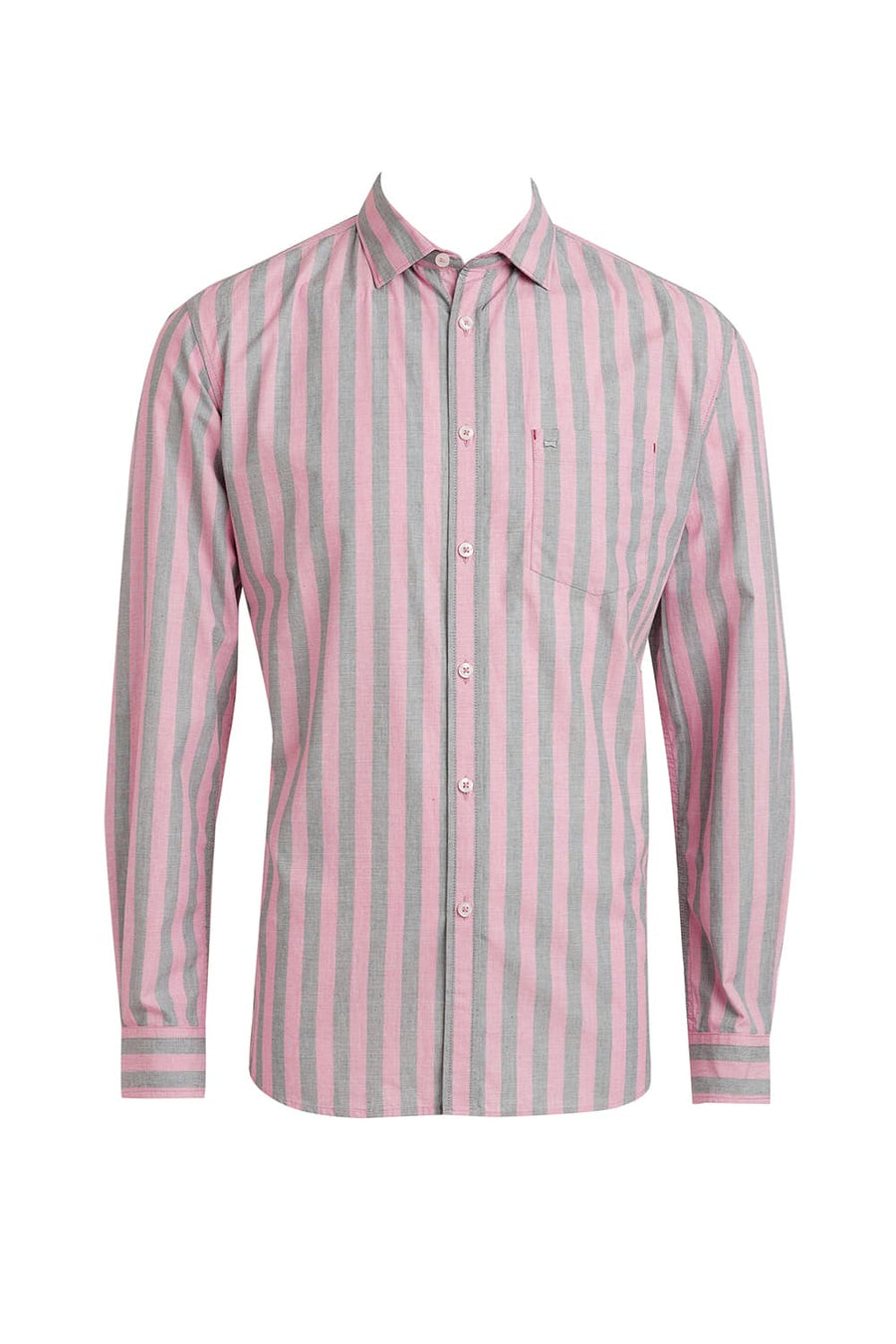 BASICS SLIM FIT PEACHSKIN PINK COTTON STRIPE SHIRT
