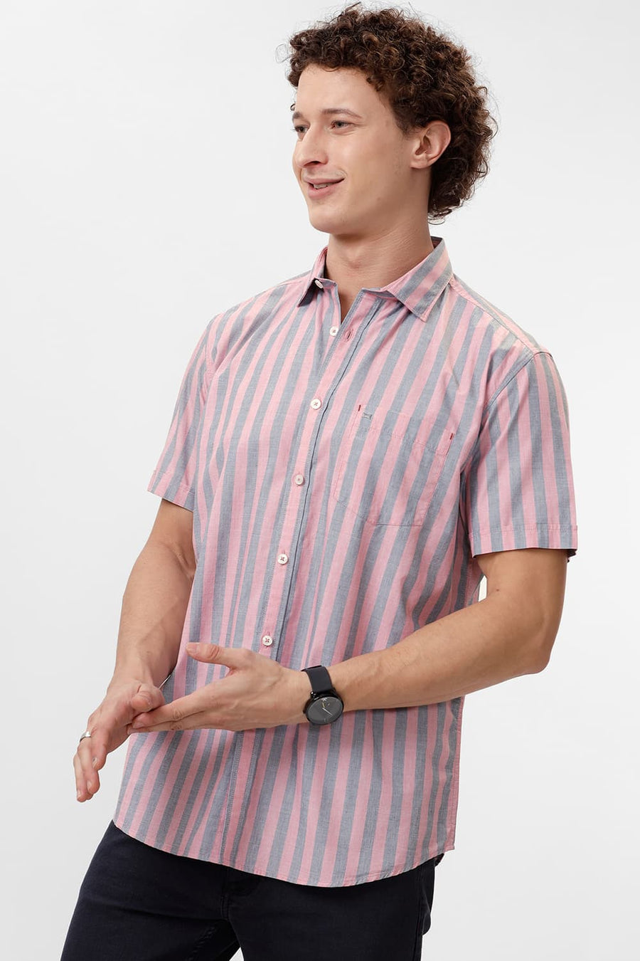 BASICS SLIM FIT PEACHSKIN PINK COTTON STRIPE HALFSLEEVES SHIRT
