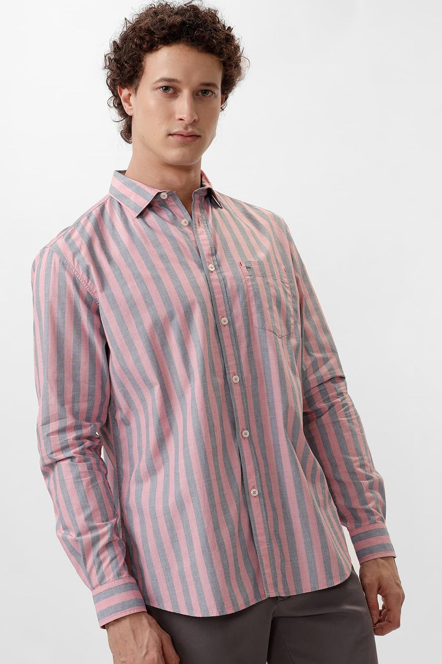 BASICS SLIM FIT PEACHSKIN PINK COTTON STRIPE SHIRT