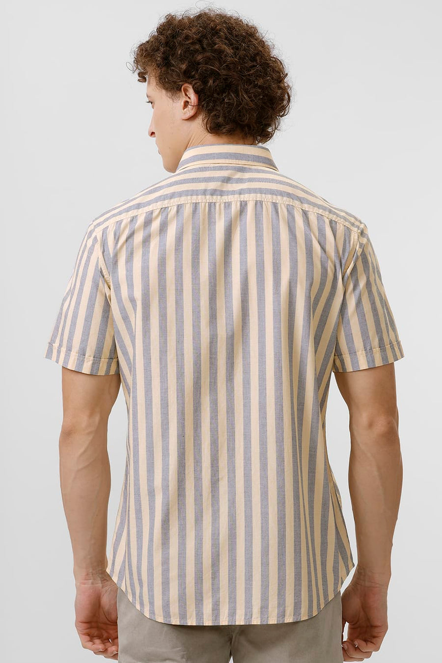 BASICS SLIM FIT IMPALA YELLOW COTTON STRIPE HALFSLEEVES SHIRT