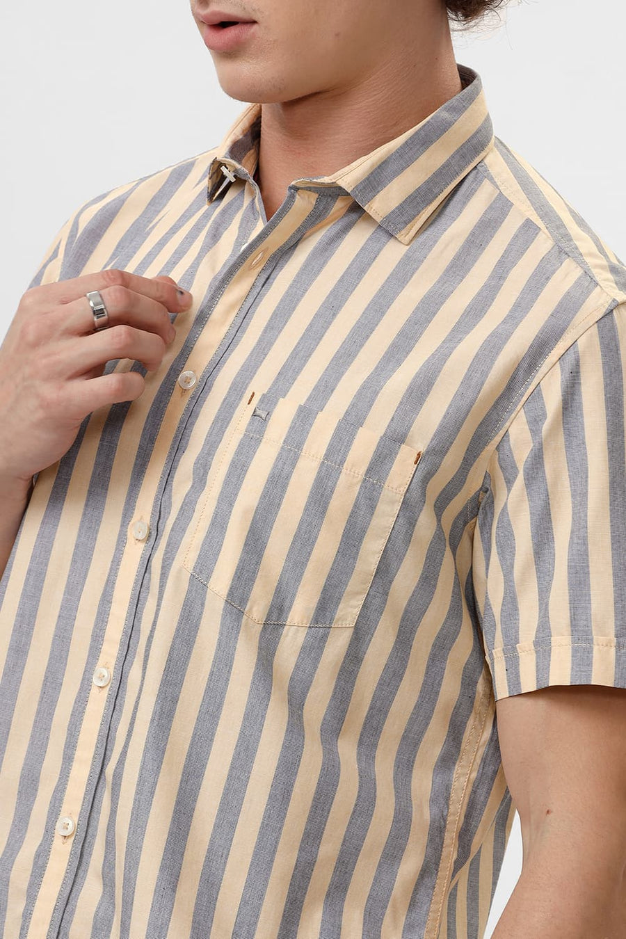 BASICS SLIM FIT IMPALA YELLOW COTTON STRIPE HALFSLEEVES SHIRT