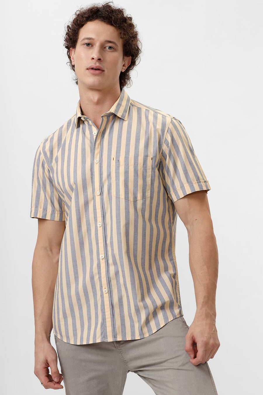 BASICS SLIM FIT IMPALA YELLOW COTTON STRIPE HALFSLEEVES SHIRT
